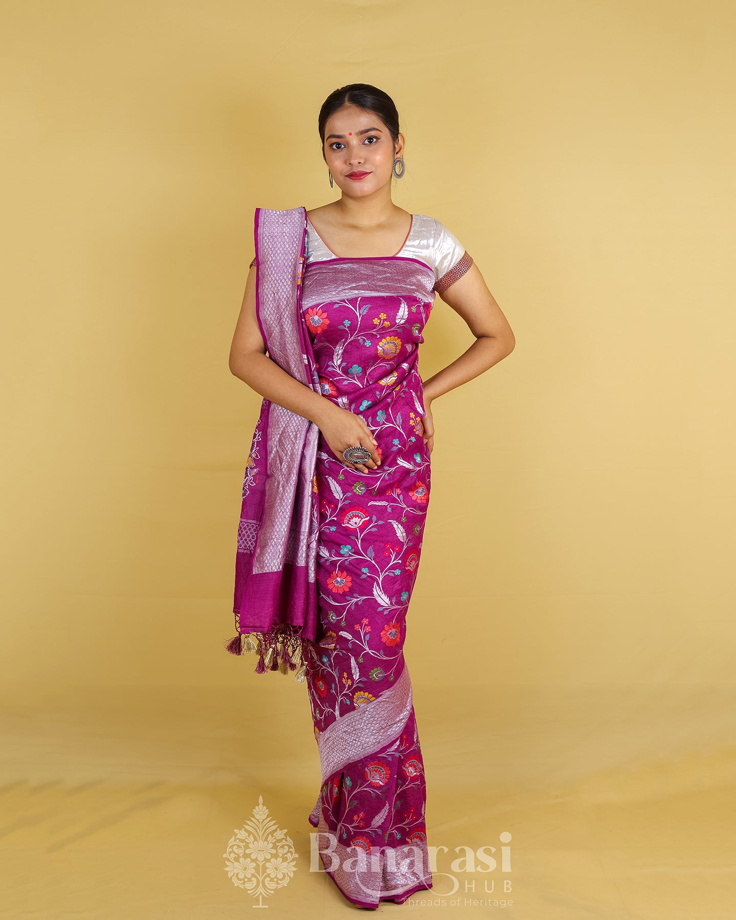 Dark Magenta Floral Handwoven Tussar Banarasi Khaddi Silk Saree