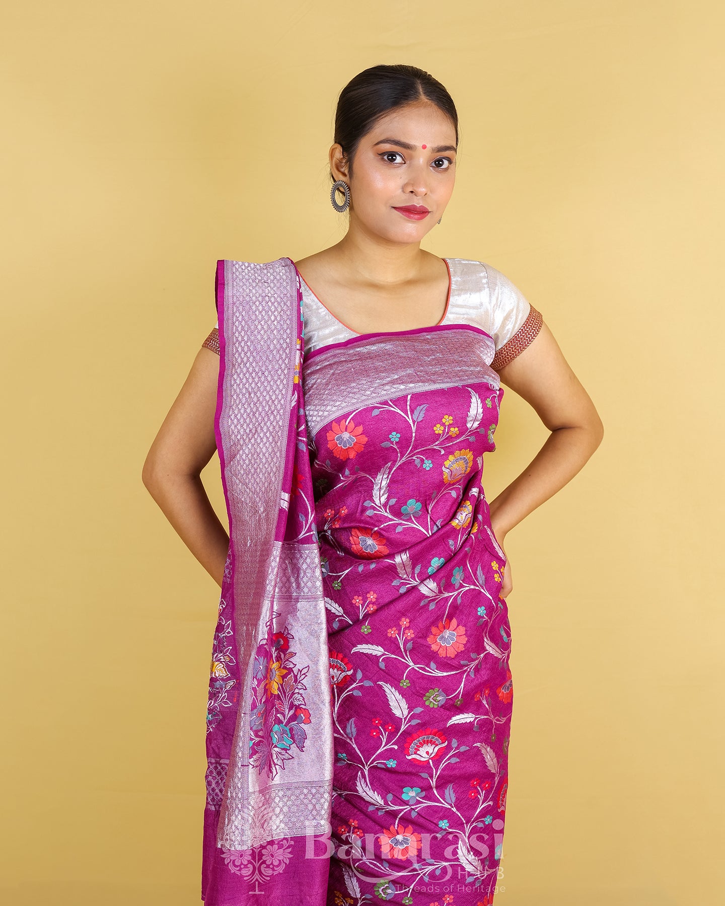 Dark Magenta Floral Handwoven Tussar Banarasi Khaddi Silk Saree