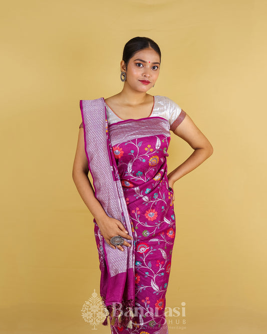 Dark Magenta Floral Handwoven Tussar Banarasi Khaddi Silk Saree