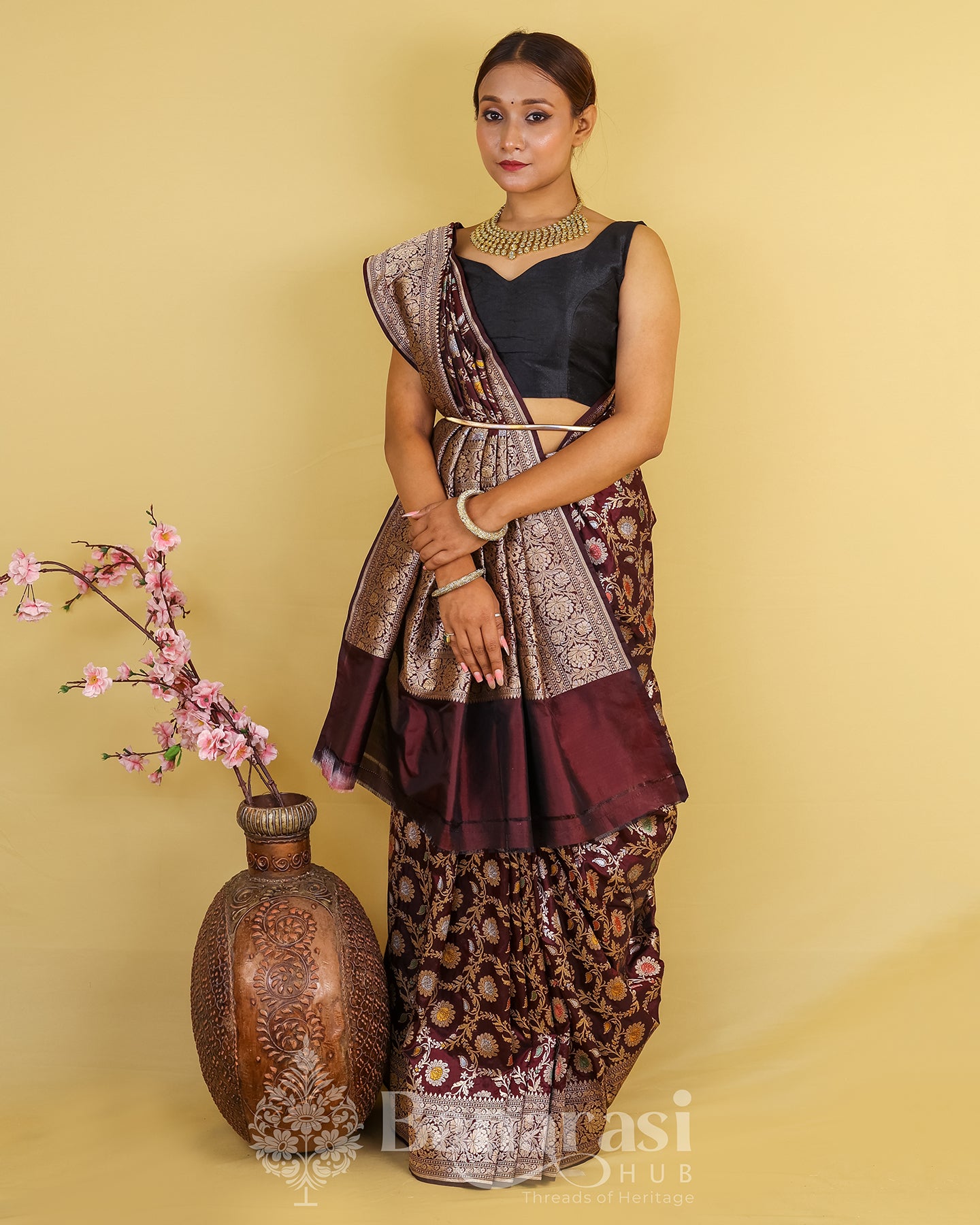 Brown Floral HandWoven Katan Banarasi Silk Saree