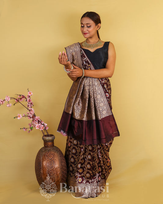 Brown Floral HandWoven Katan Banarasi Silk Saree