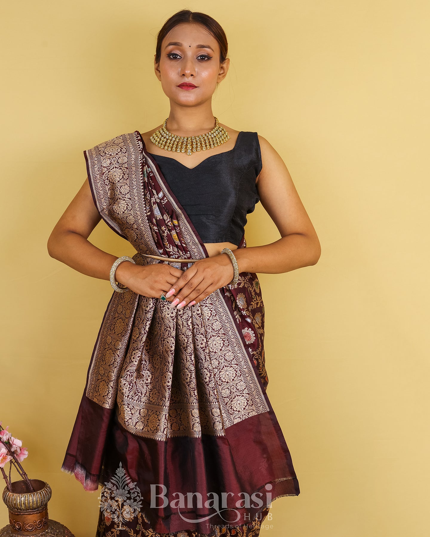 Brown Floral HandWoven Katan Banarasi Silk Saree