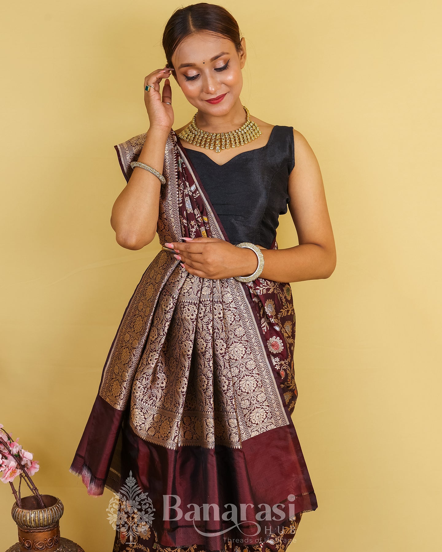 Brown Floral HandWoven Katan Banarasi Silk Saree