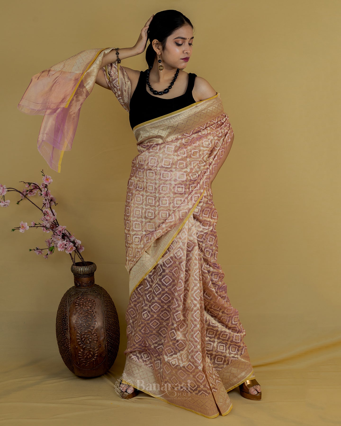 Golden Metallic Pink Tissue Banarasi Silk Saree