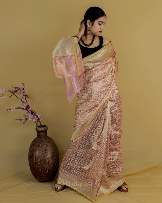 Golden Metallic Pink Tissue Banarasi Silk Saree