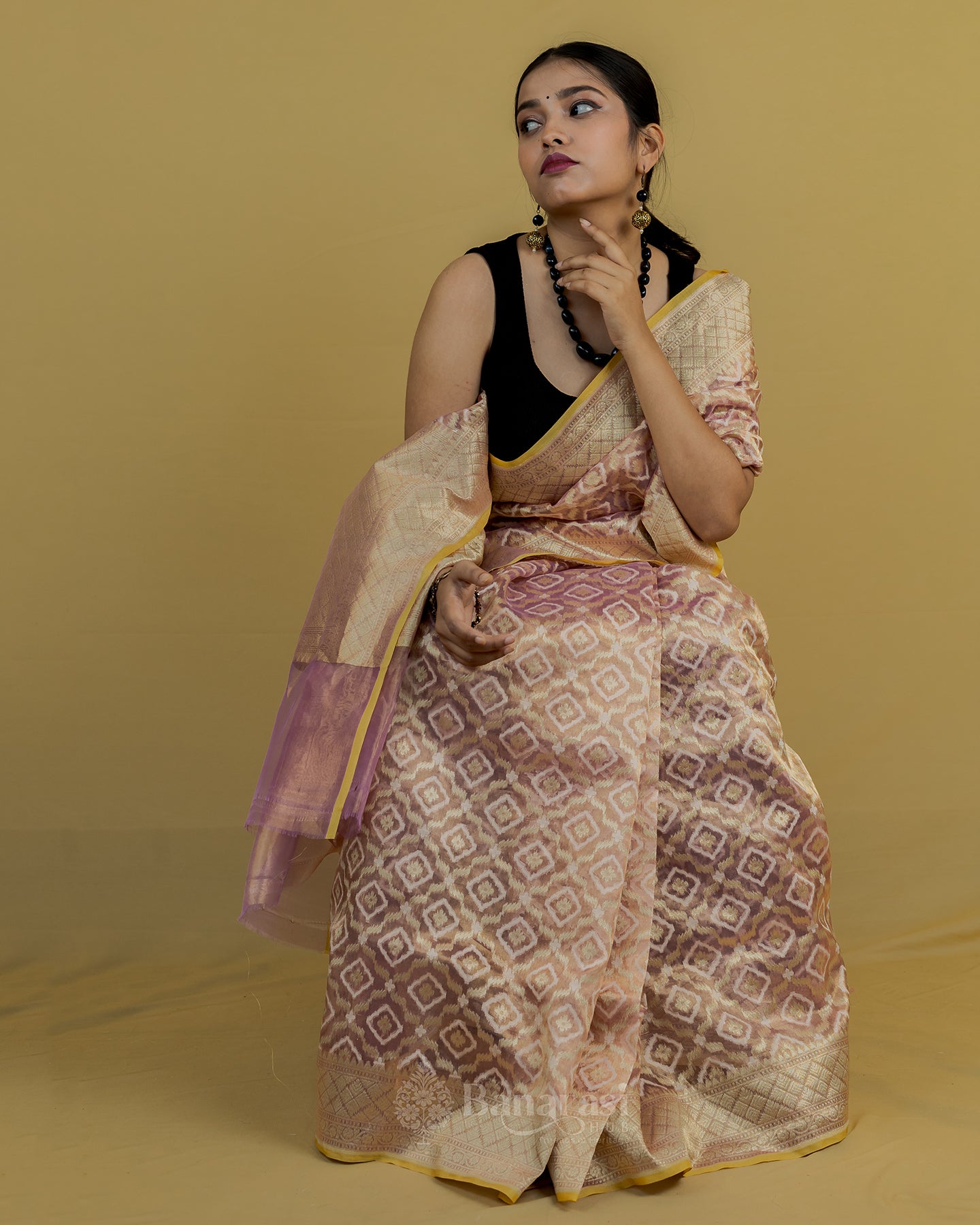 Golden Metallic Pink Tissue Banarasi Silk Saree