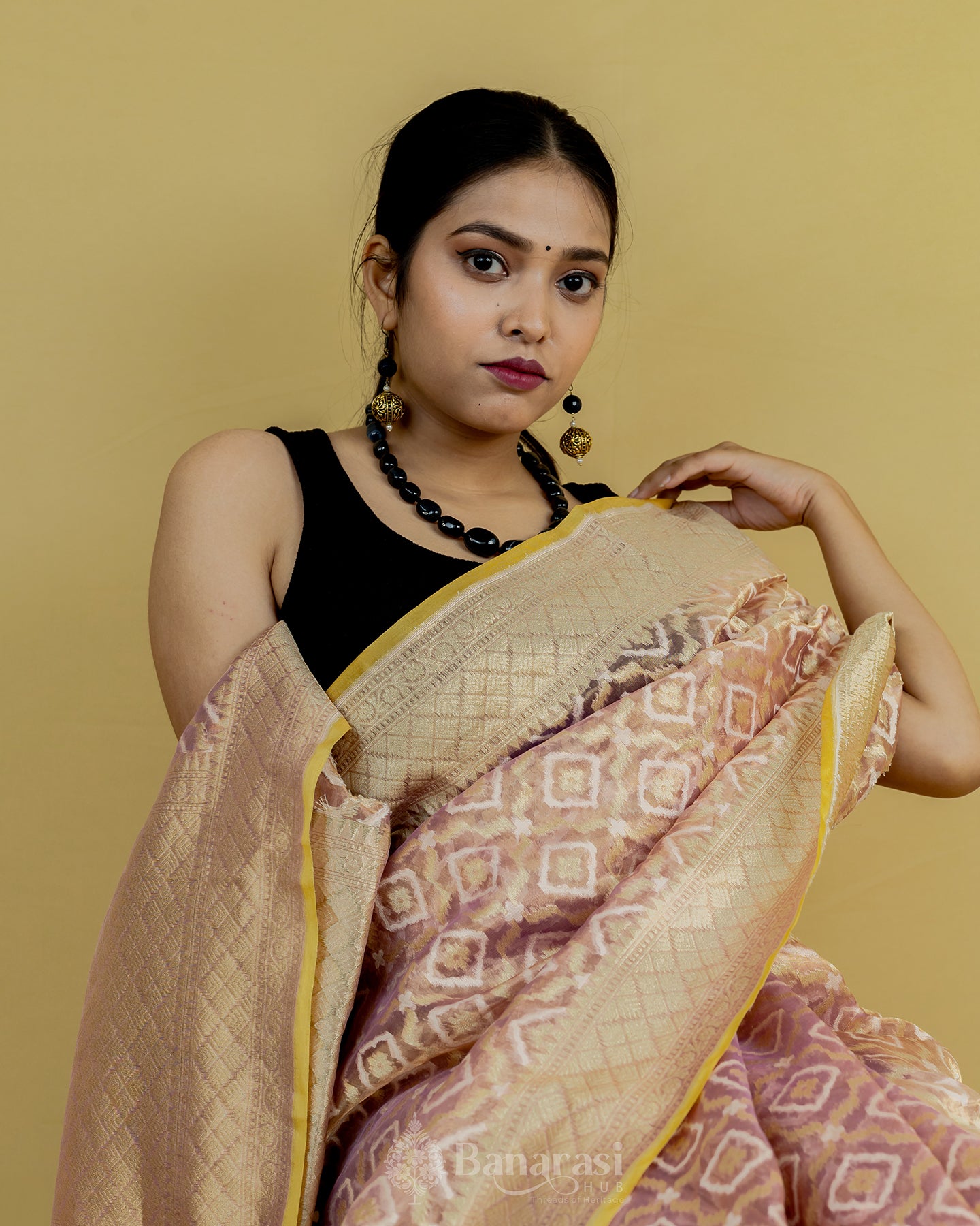 Golden Metallic Pink Tissue Banarasi Silk Saree