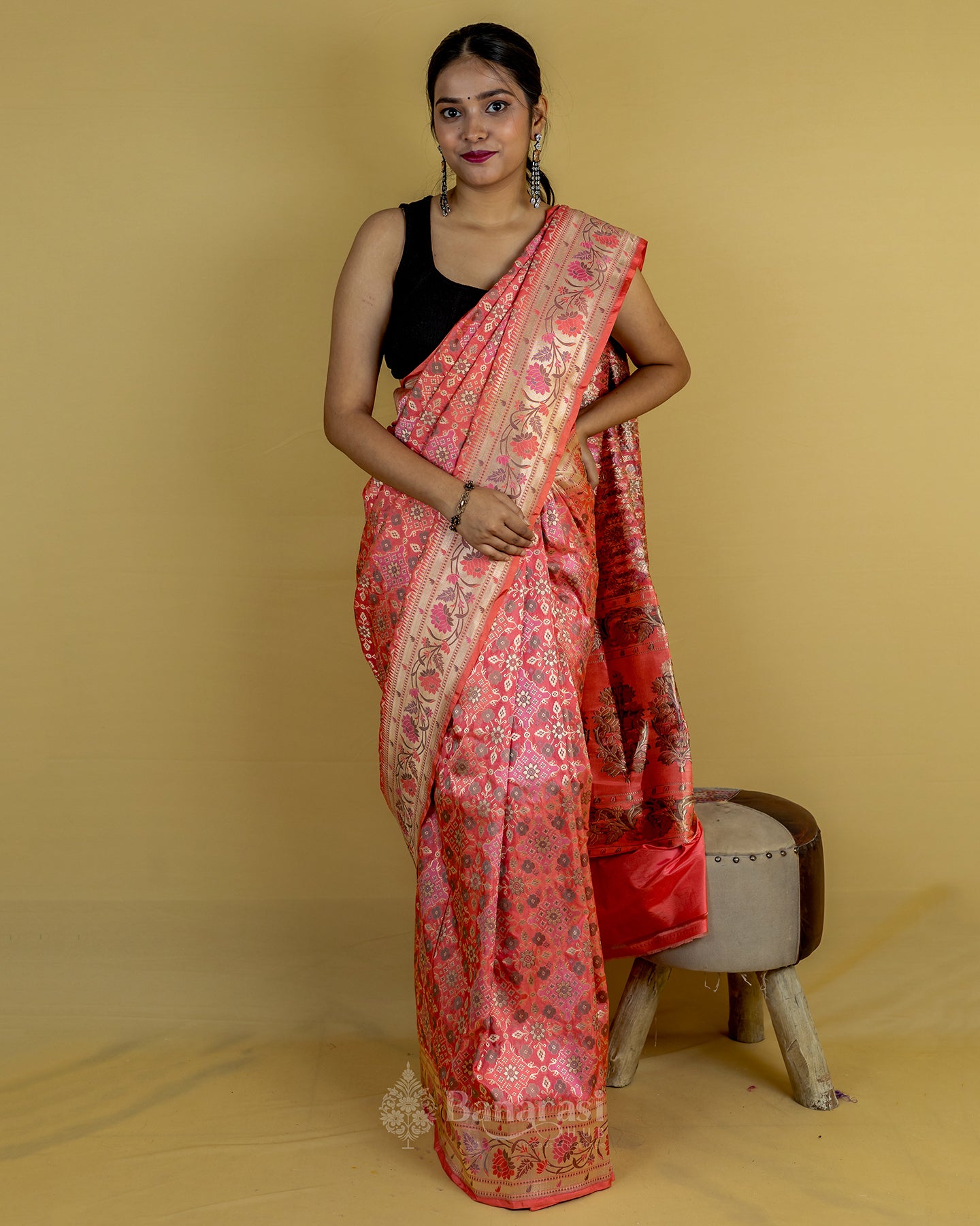 Peach Ikkat Handwoven Katan Banarasi Silk Saree