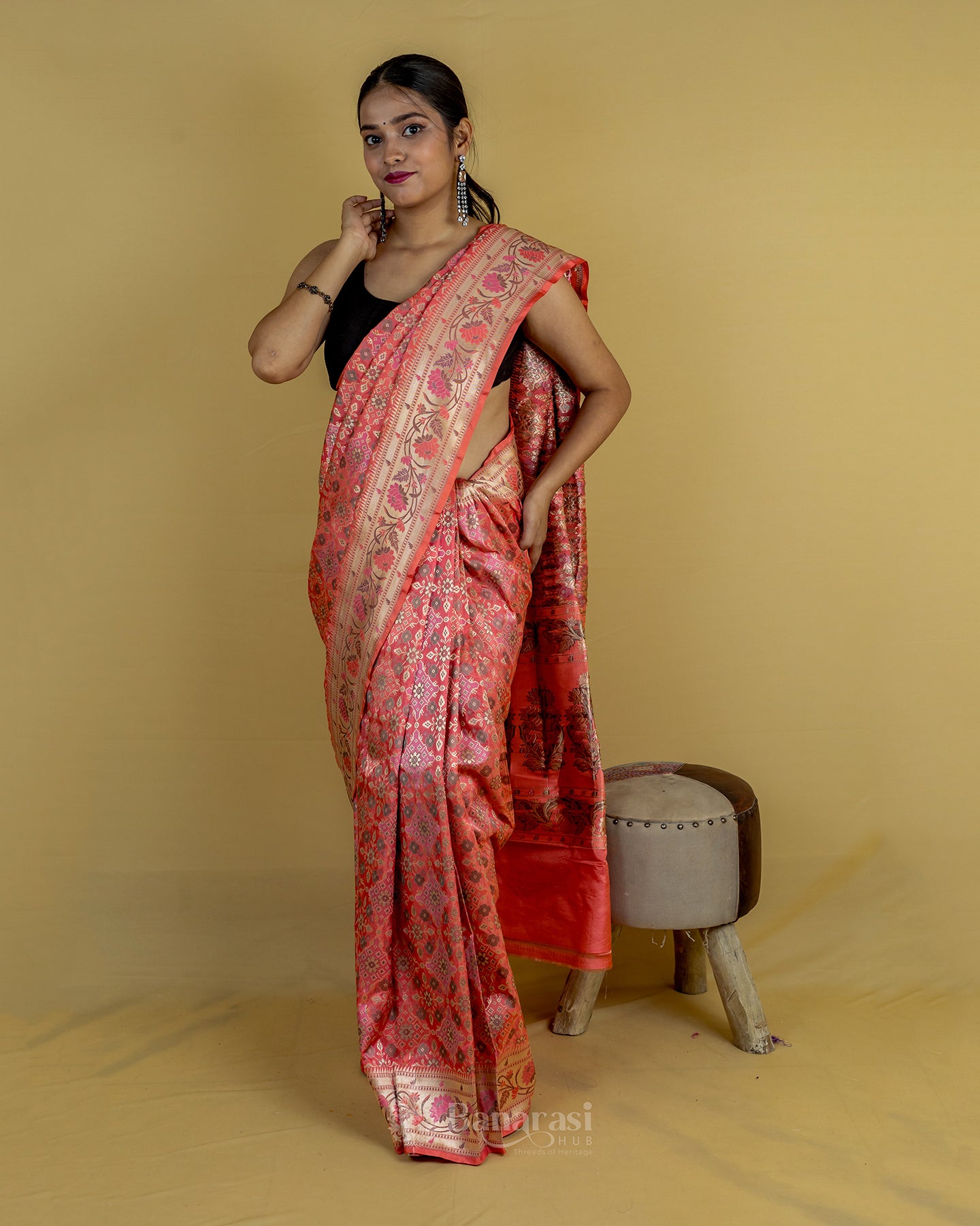 Peach Ikkat Handwoven Katan Banarasi Silk Saree