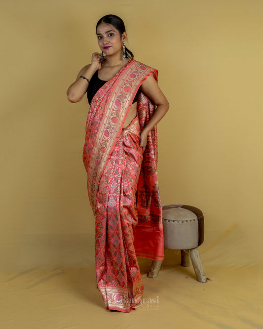 Peach Ikkat Handwoven Katan Banarasi Silk Saree
