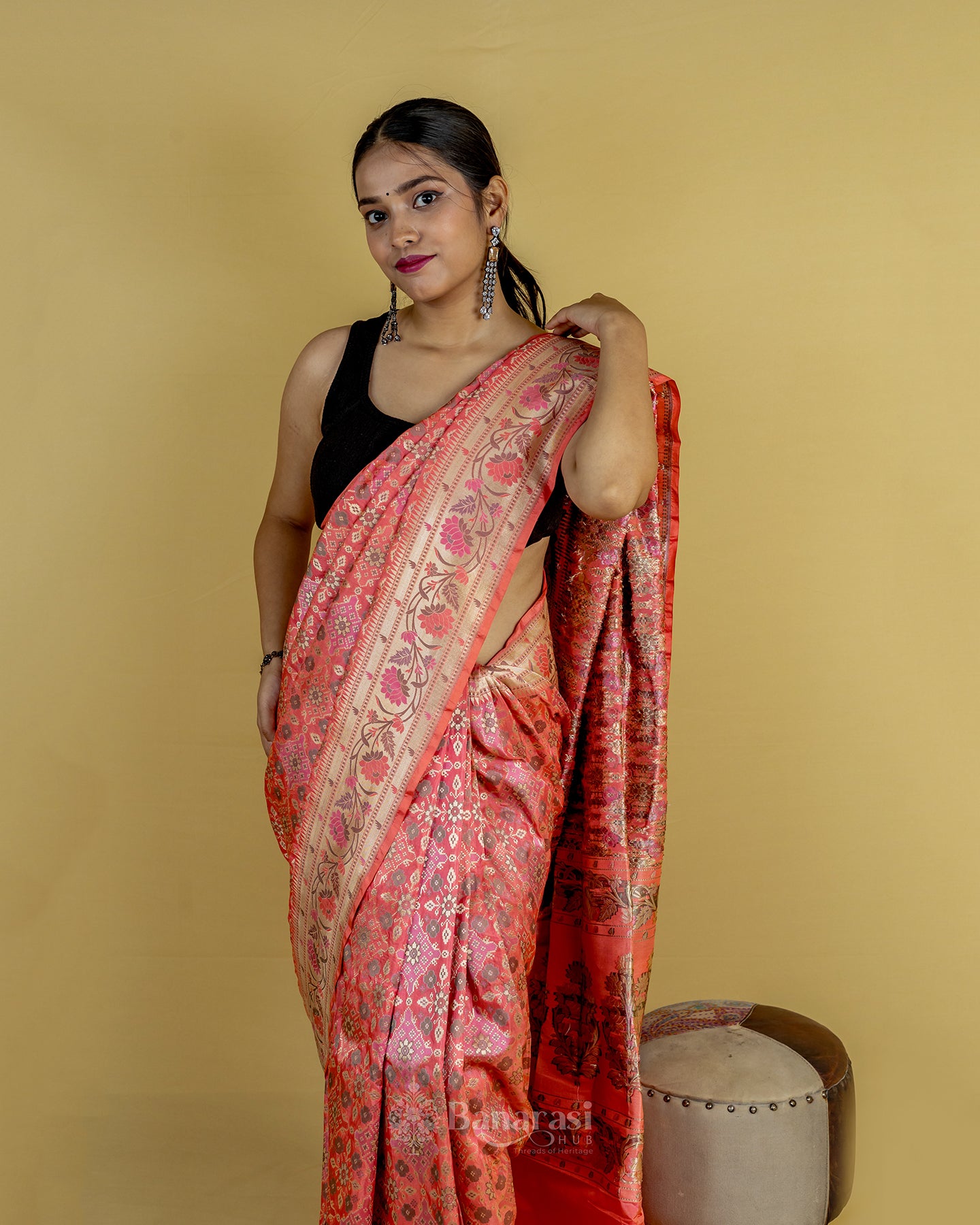 Peach Ikkat Handwoven Katan Banarasi Silk Saree