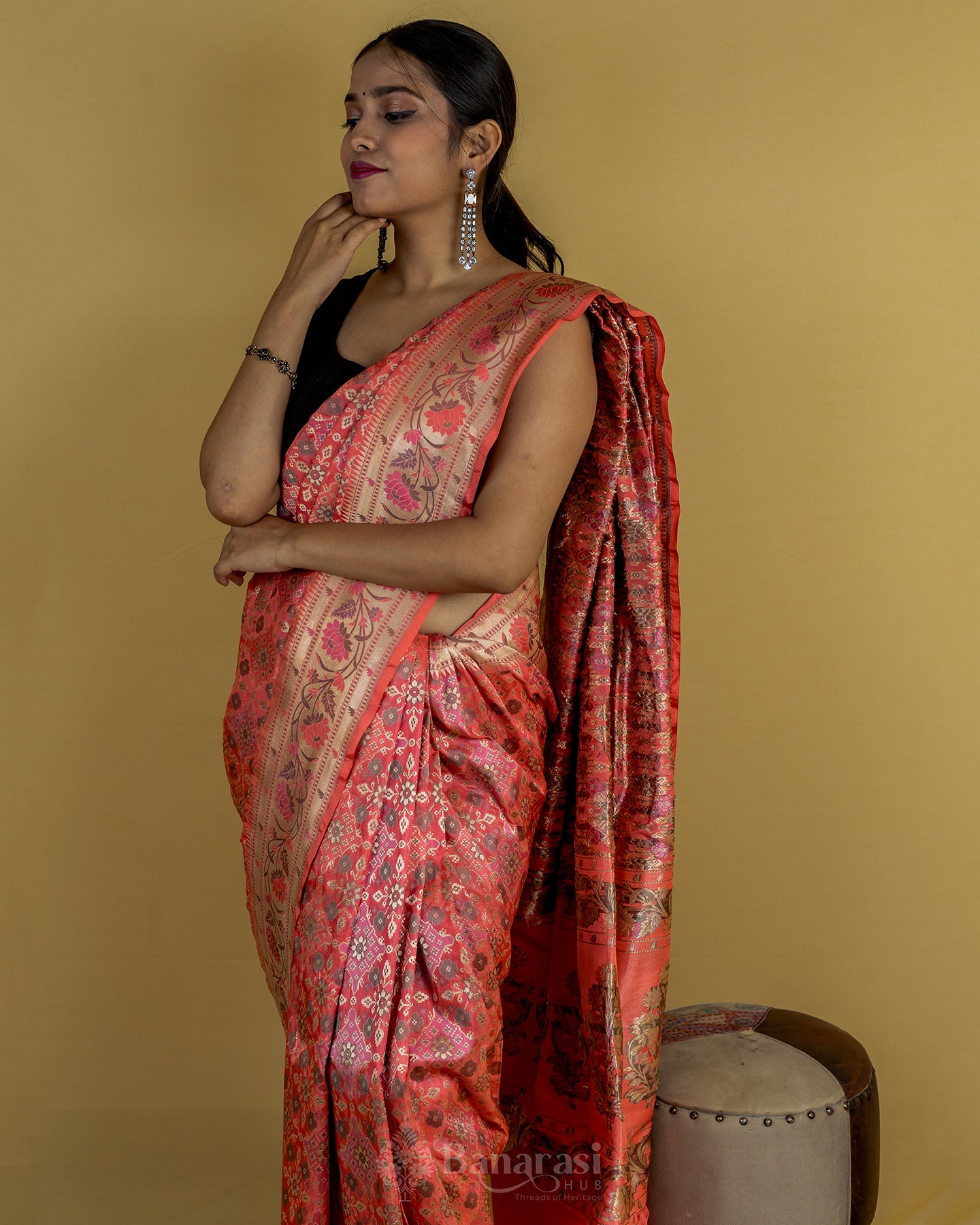 Peach Ikkat Handwoven Katan Banarasi Silk Saree