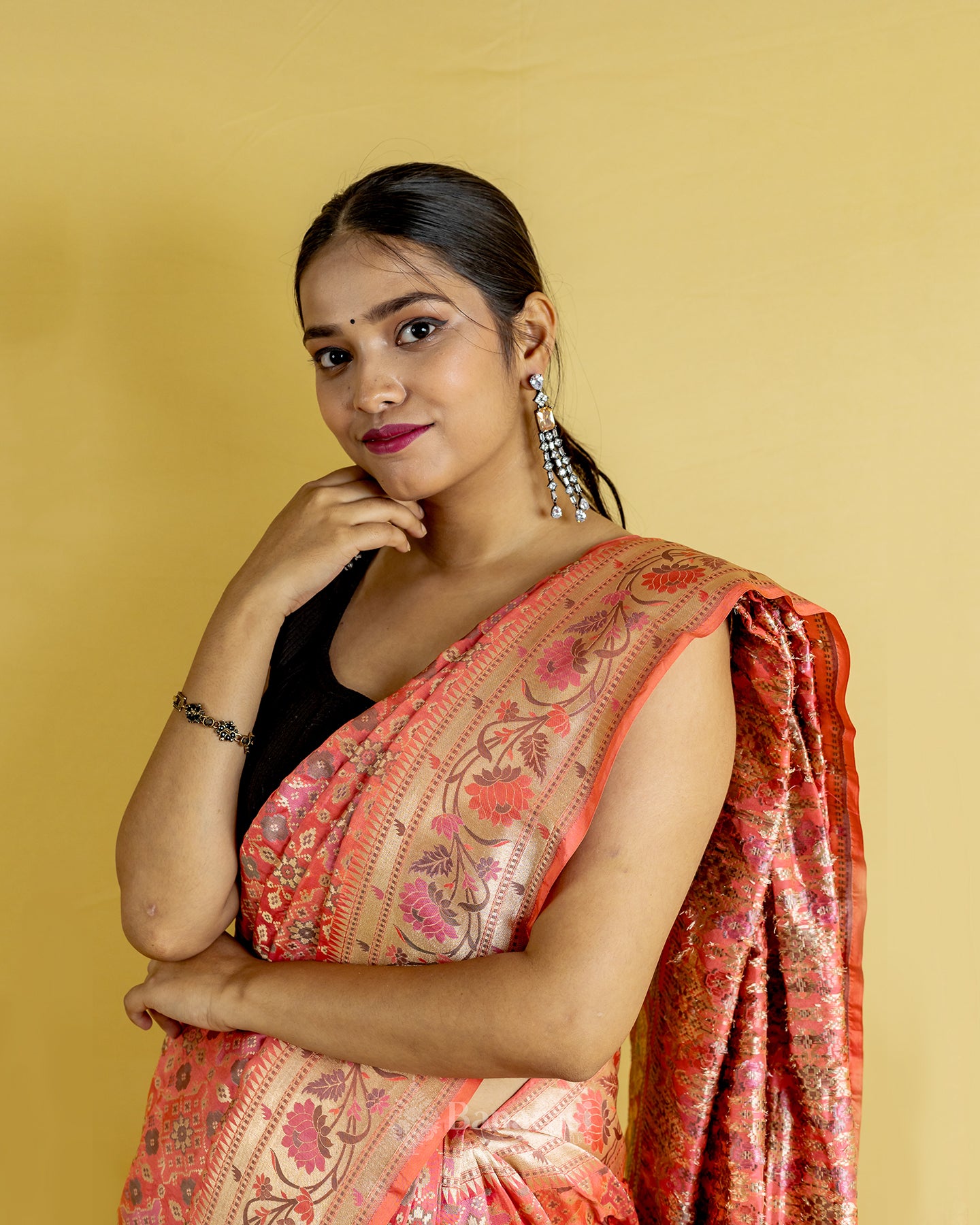 Peach Ikkat Handwoven Katan Banarasi Silk Saree