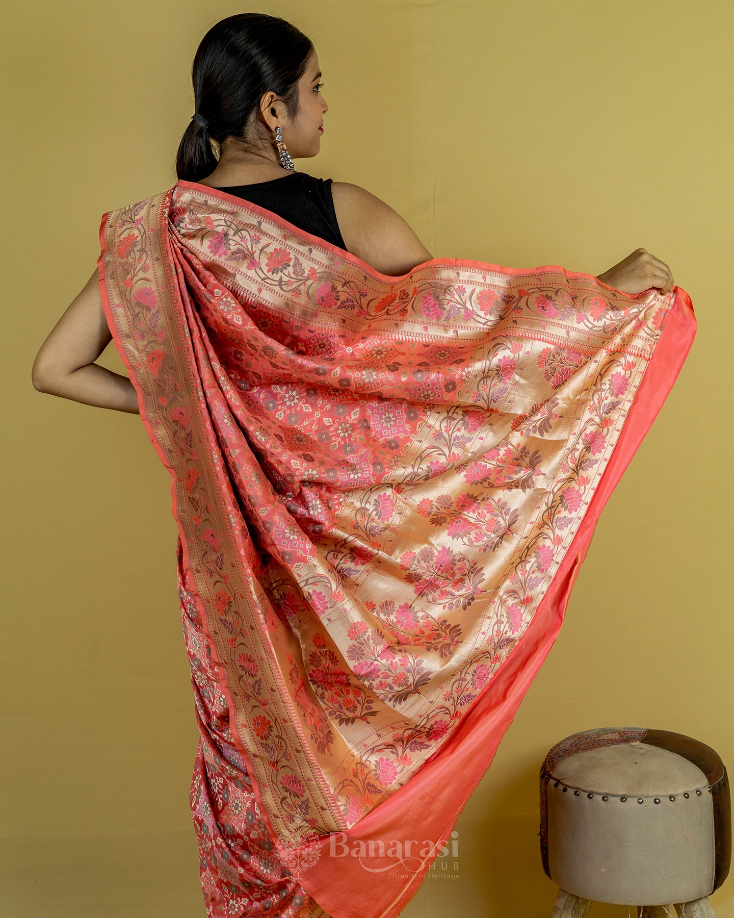 Peach Ikkat Handwoven Katan Banarasi Silk Saree