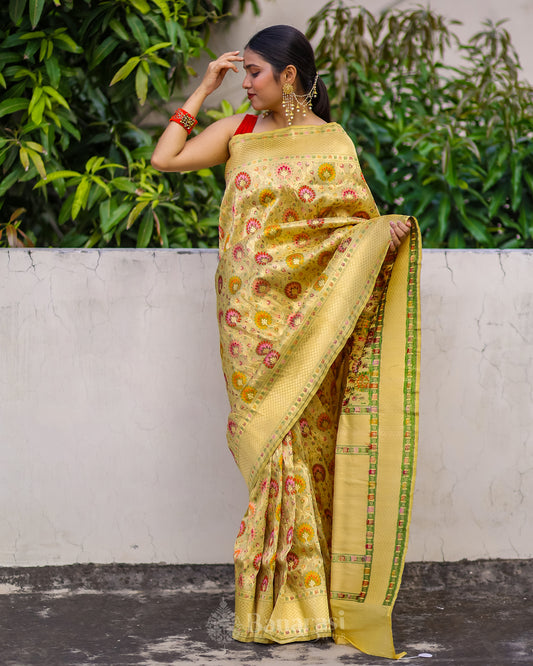 Beige Multi Resham Weaving Tissue katan Banarasi Silk Saree