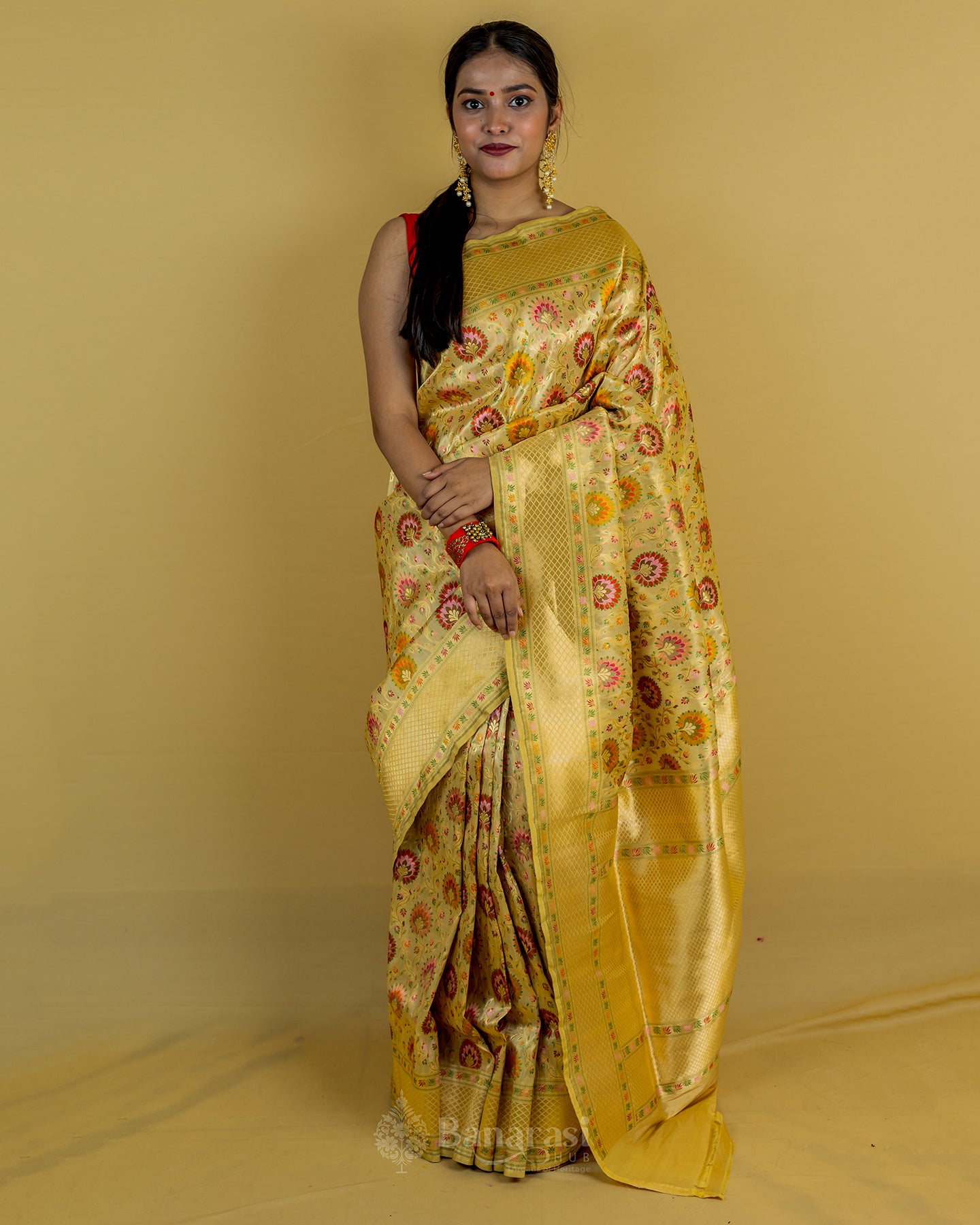 Beige Multi Resham Weaving Tissue katan Banarasi Silk Saree
