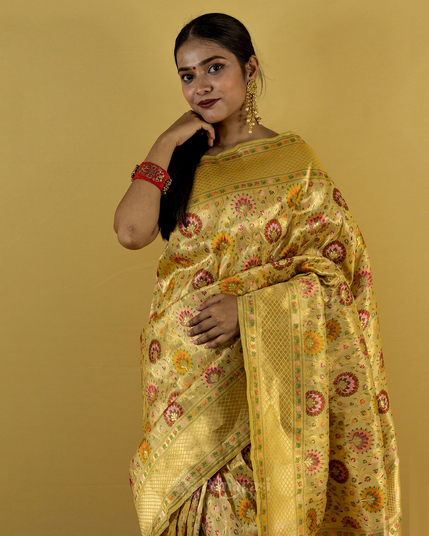 Beige Multi Resham Weaving Tissue katan Banarasi Silk Saree