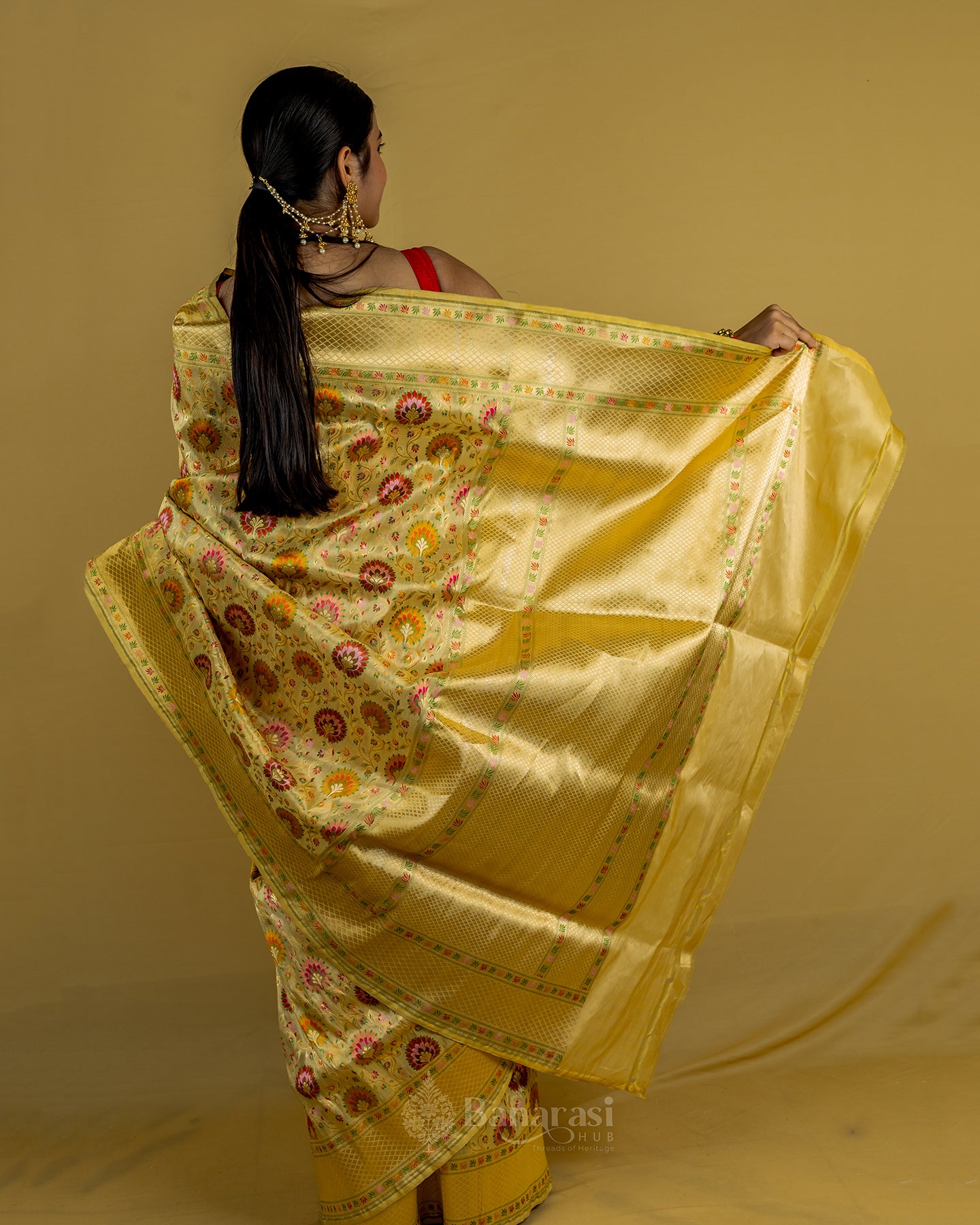 Beige Multi Resham Weaving Tissue katan Banarasi Silk Saree