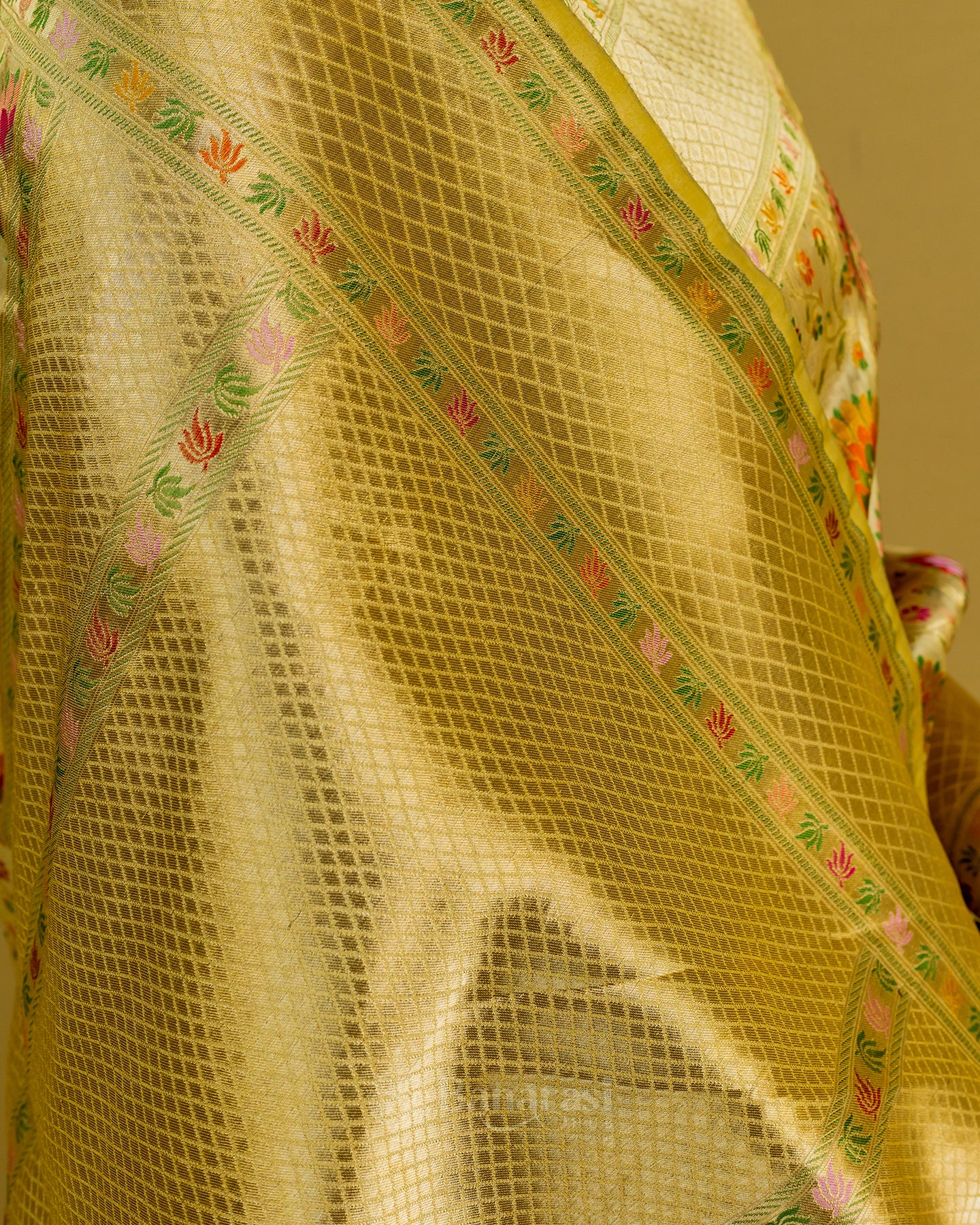Beige Multi Resham Weaving Tissue katan Banarasi Silk Saree