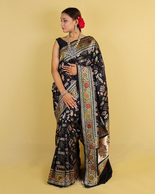 Black Meenedar Handwoven Katan Banarasi Silk Saree