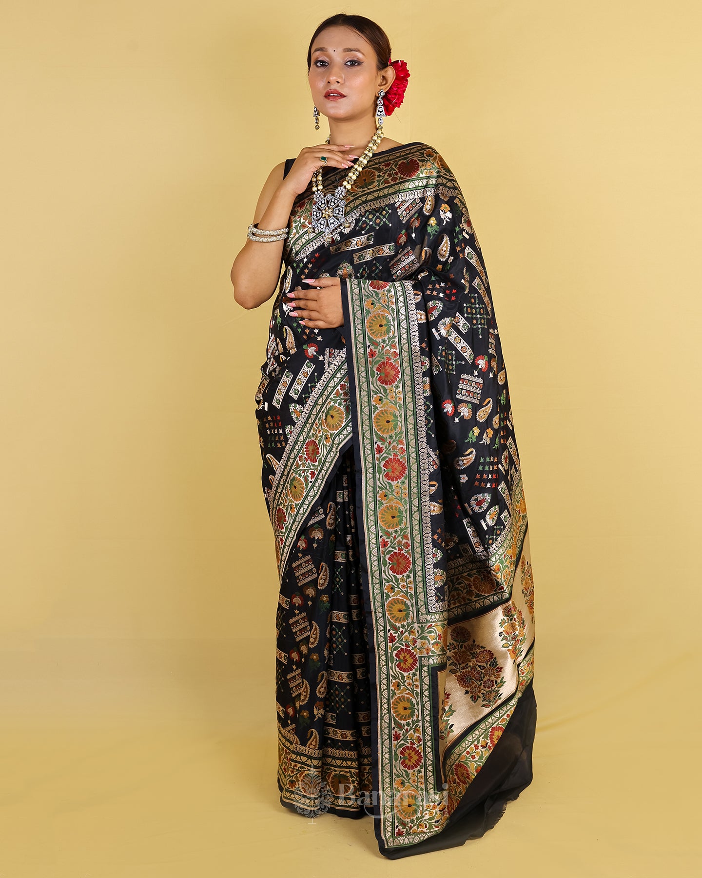 Black Meenedar Handwoven Katan Banarasi Silk Saree