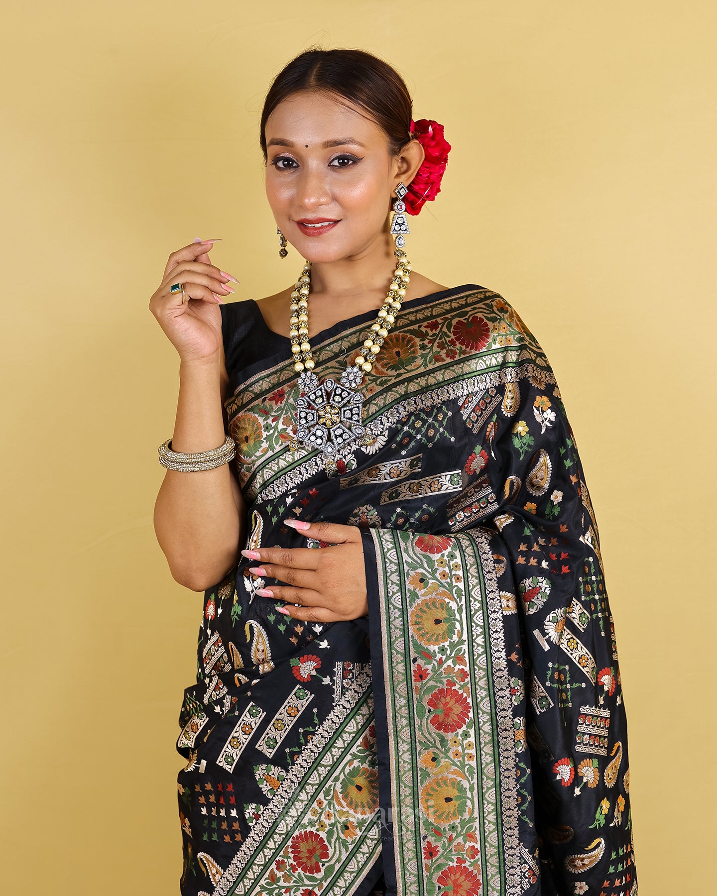 Black Meenedar Handwoven Katan Banarasi Silk Saree