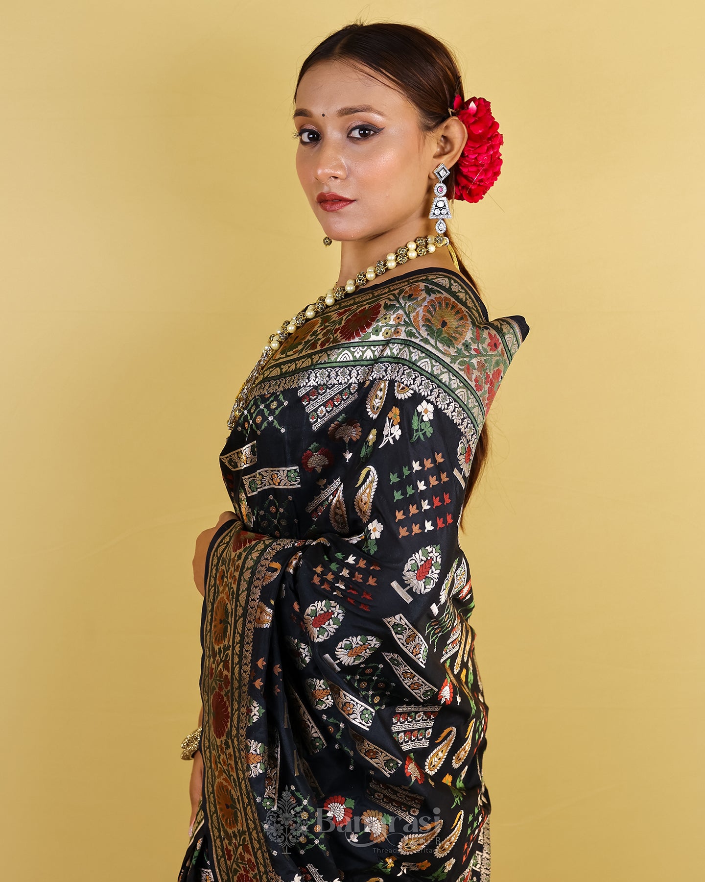 Black Meenedar Handwoven Katan Banarasi Silk Saree