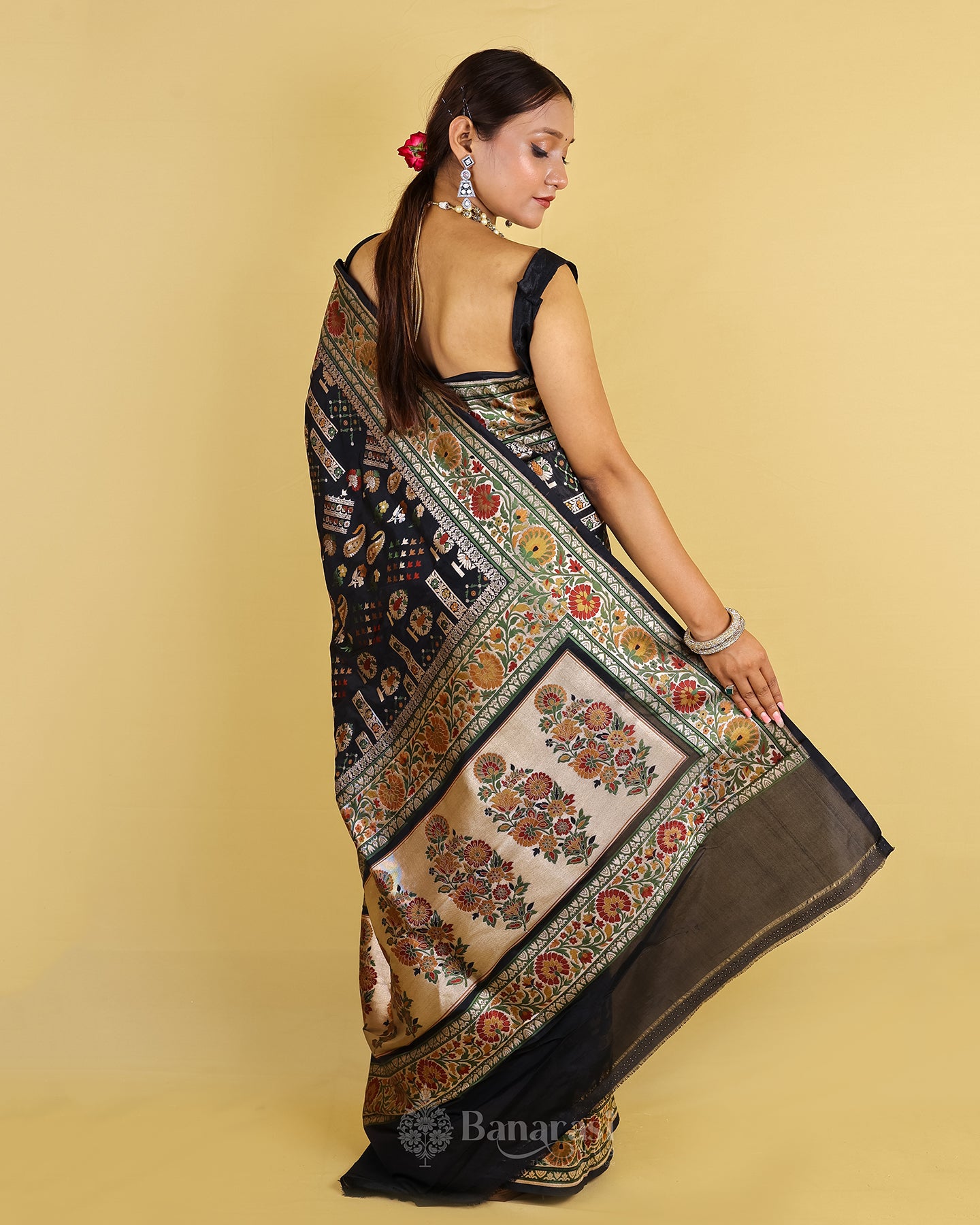 Black Meenedar Handwoven Katan Banarasi Silk Saree