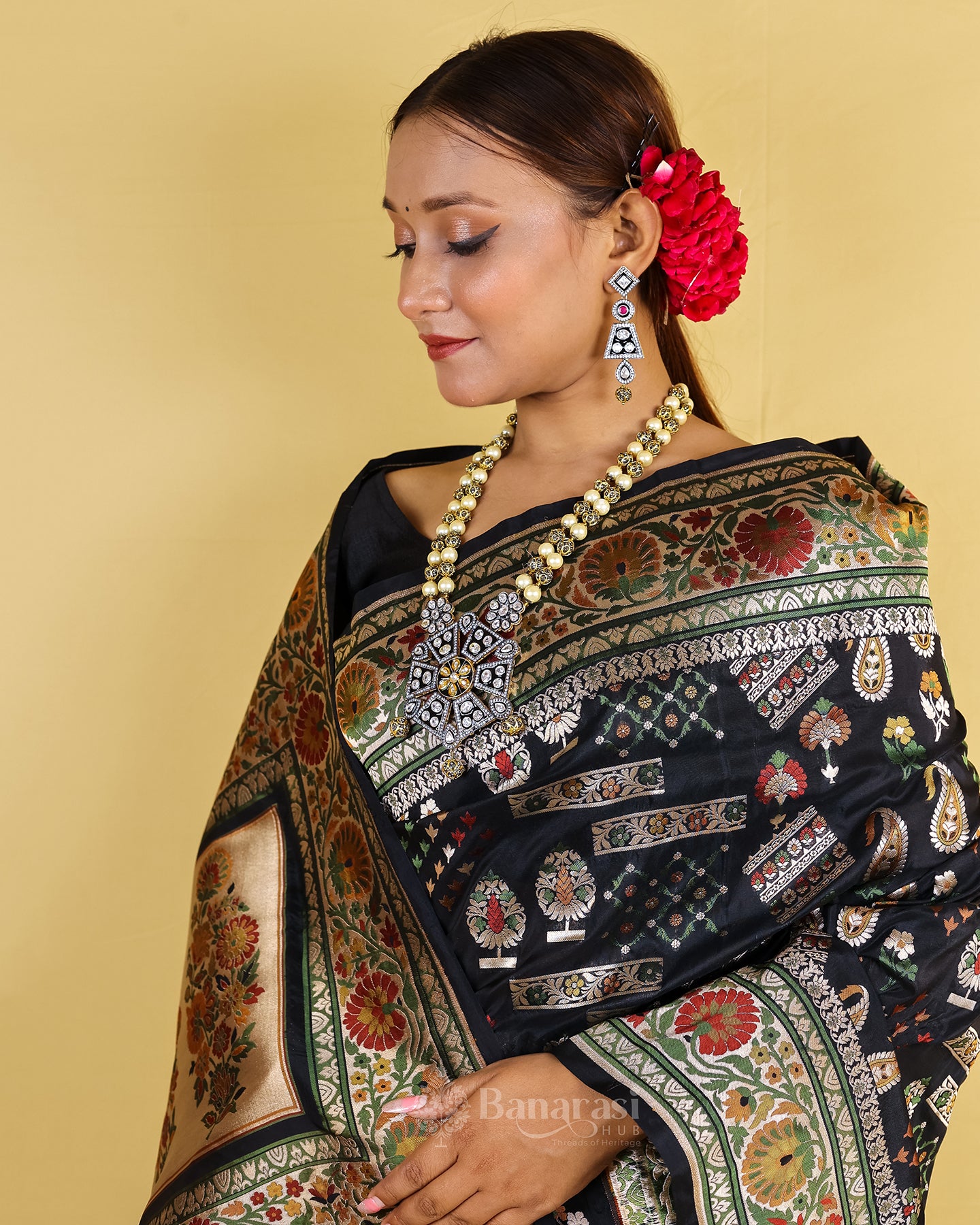 Black Meenedar Handwoven Katan Banarasi Silk Saree