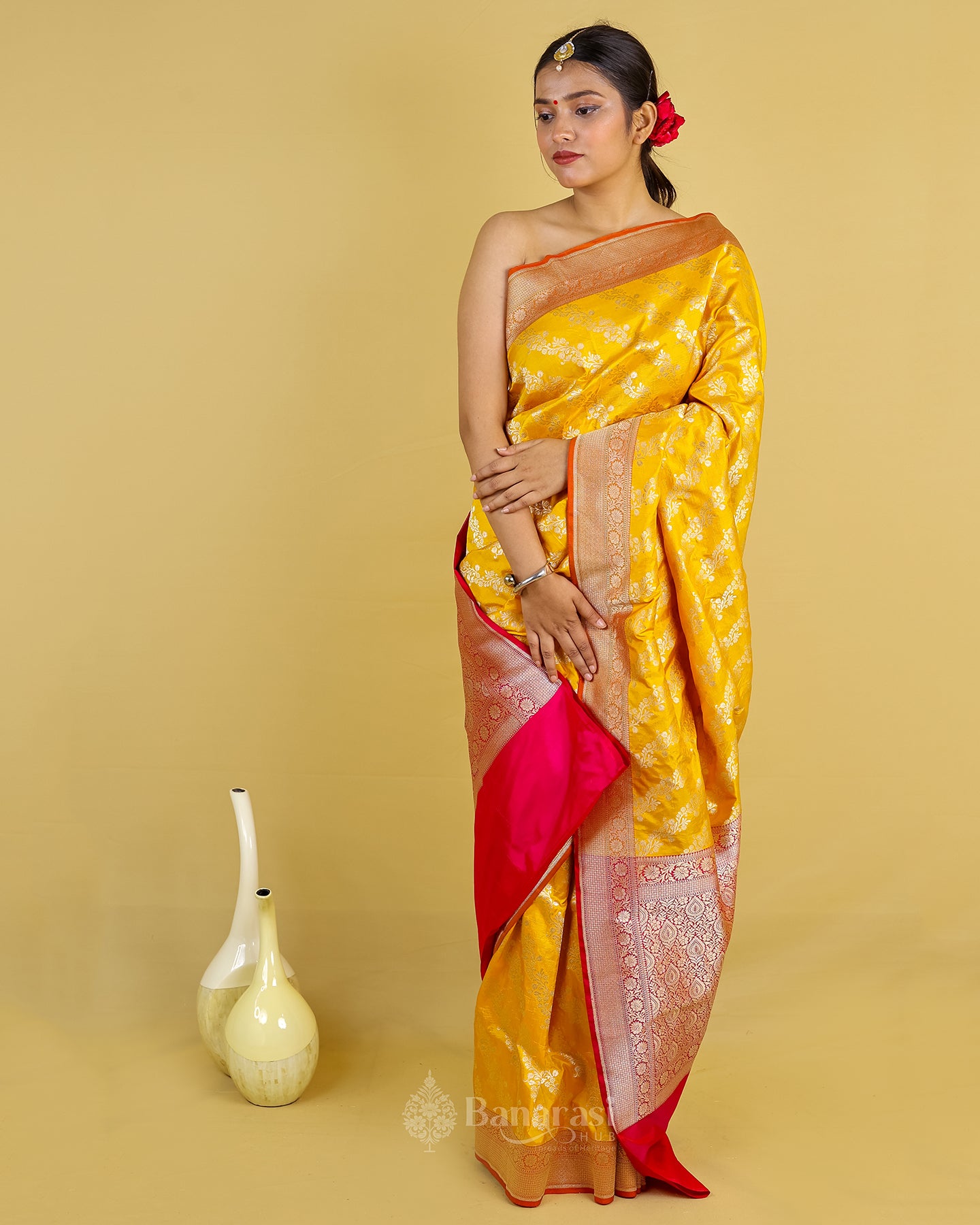 Bright Yellow Ada Lehariya Katan Banarasi Silk Saree