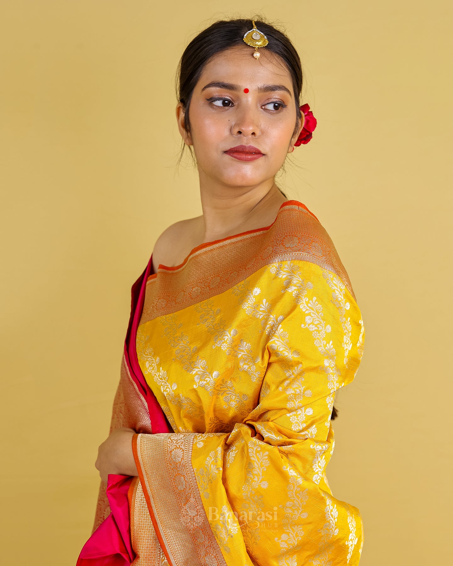 Bright Yellow Ada Lehariya Katan Banarasi Silk Saree