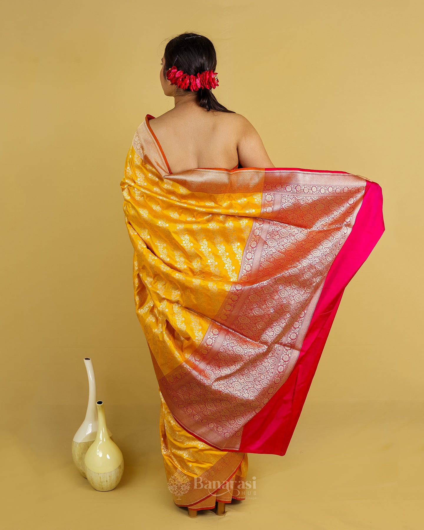 Bright Yellow Ada Lehariya Katan Banarasi Silk Saree