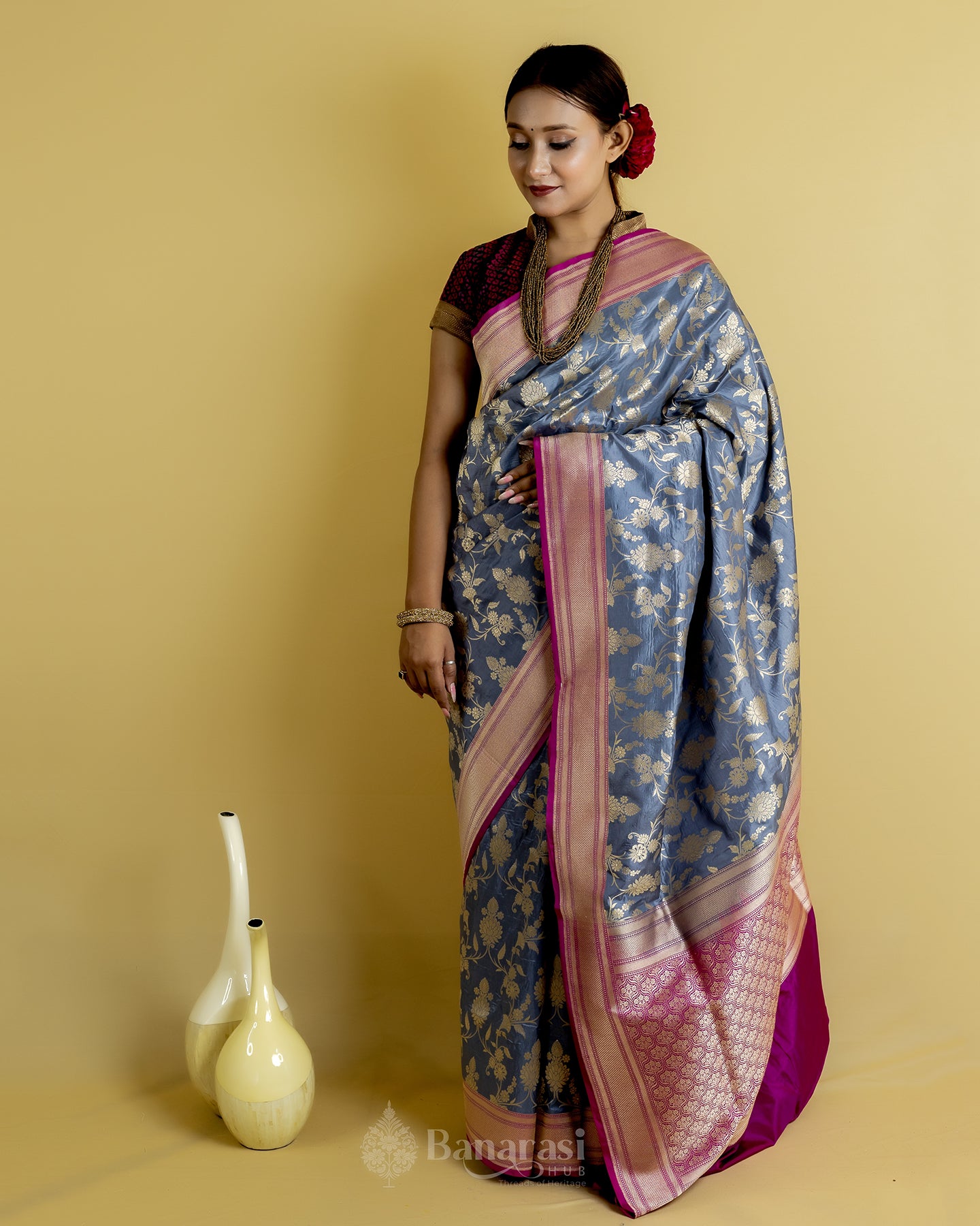 Grey and Rani Woven Katan Banarasi Silk Saree