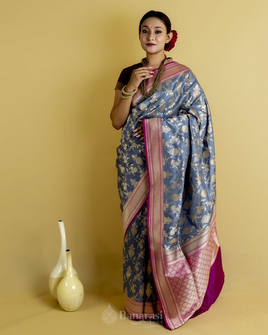 Grey and Rani Woven Katan Banarasi Silk Saree