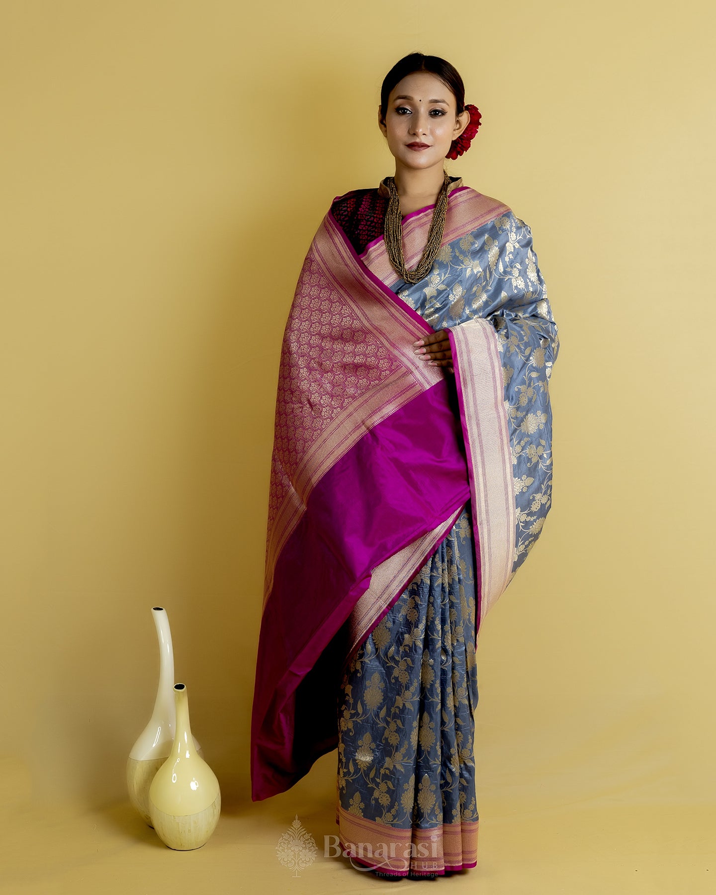 Grey and Rani Woven Katan Banarasi Silk Saree