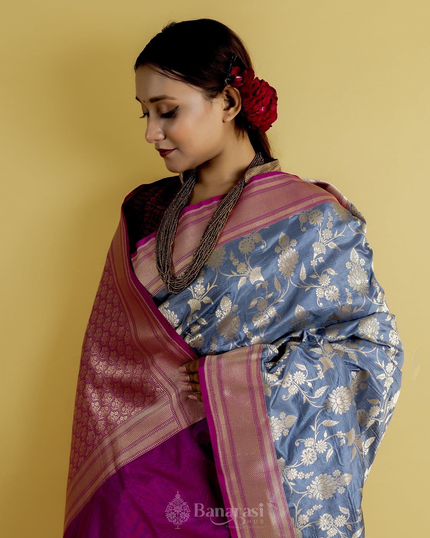 Grey and Rani Woven Katan Banarasi Silk Saree