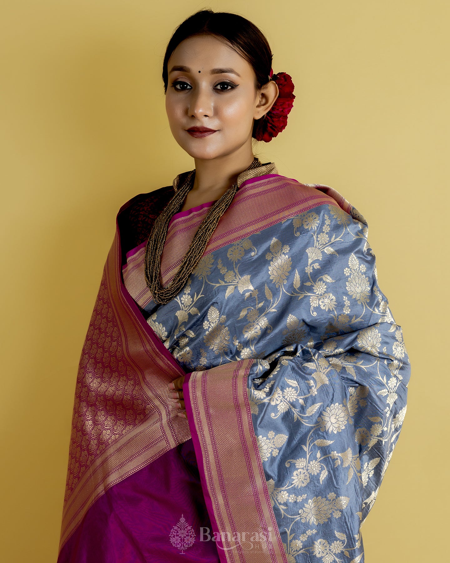 Grey and Rani Woven Katan Banarasi Silk Saree