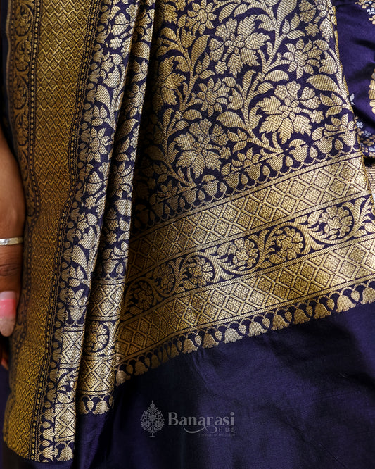 Navy Blue Floral Katan Banarasi Silk Saree