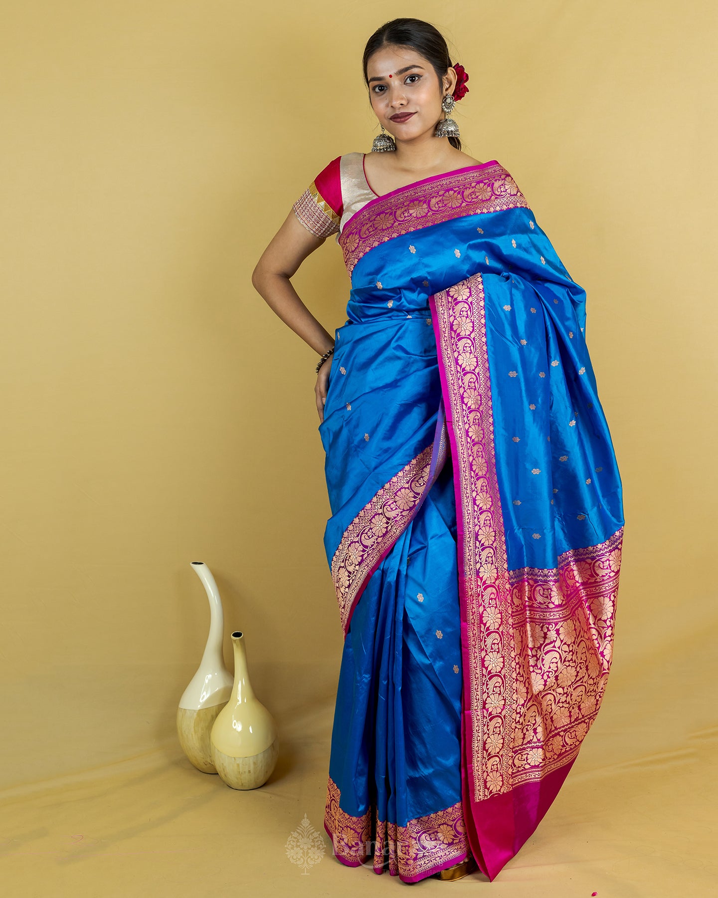 Turquoise Blue Rani Border Kadhua Katan Banarasi Silk Saree