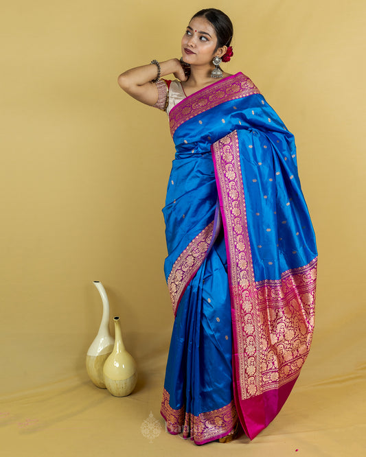 Turquoise Blue Rani Border Kadhua Katan Banarasi Silk Saree