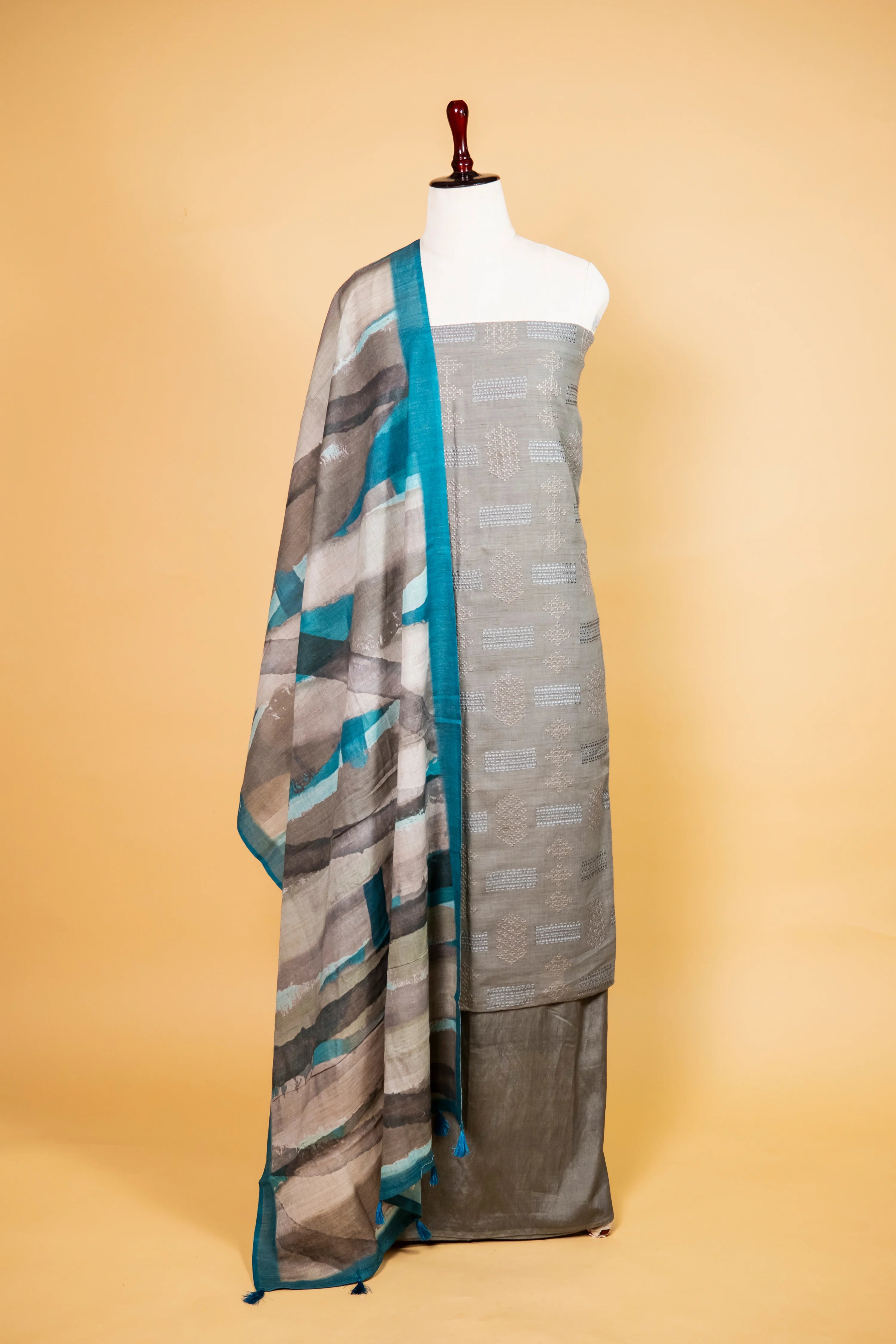 Ash Grey Linen Matka Embroidered Suit