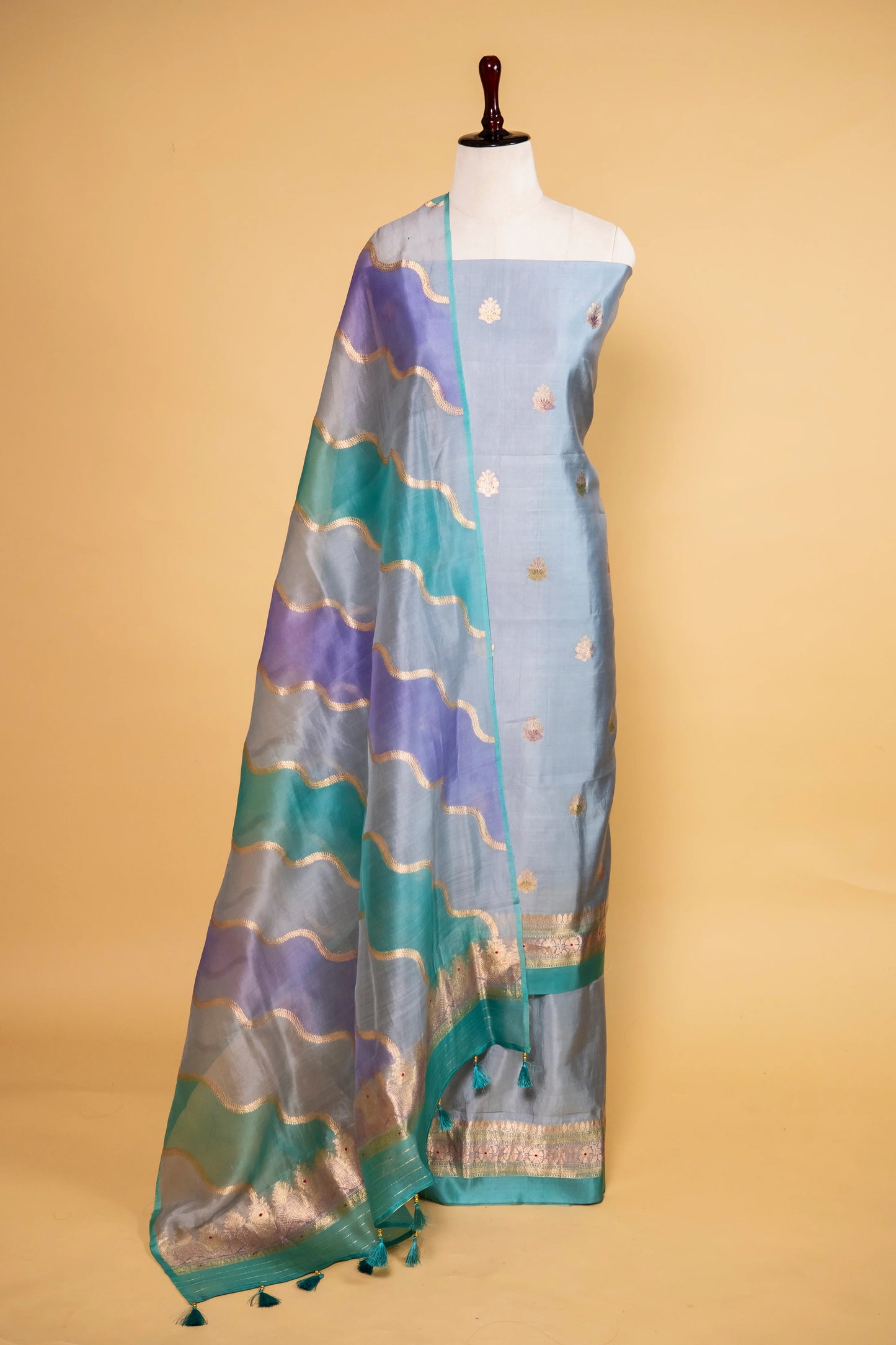 Powder Blue Handwoven Chiniya Silk Suit