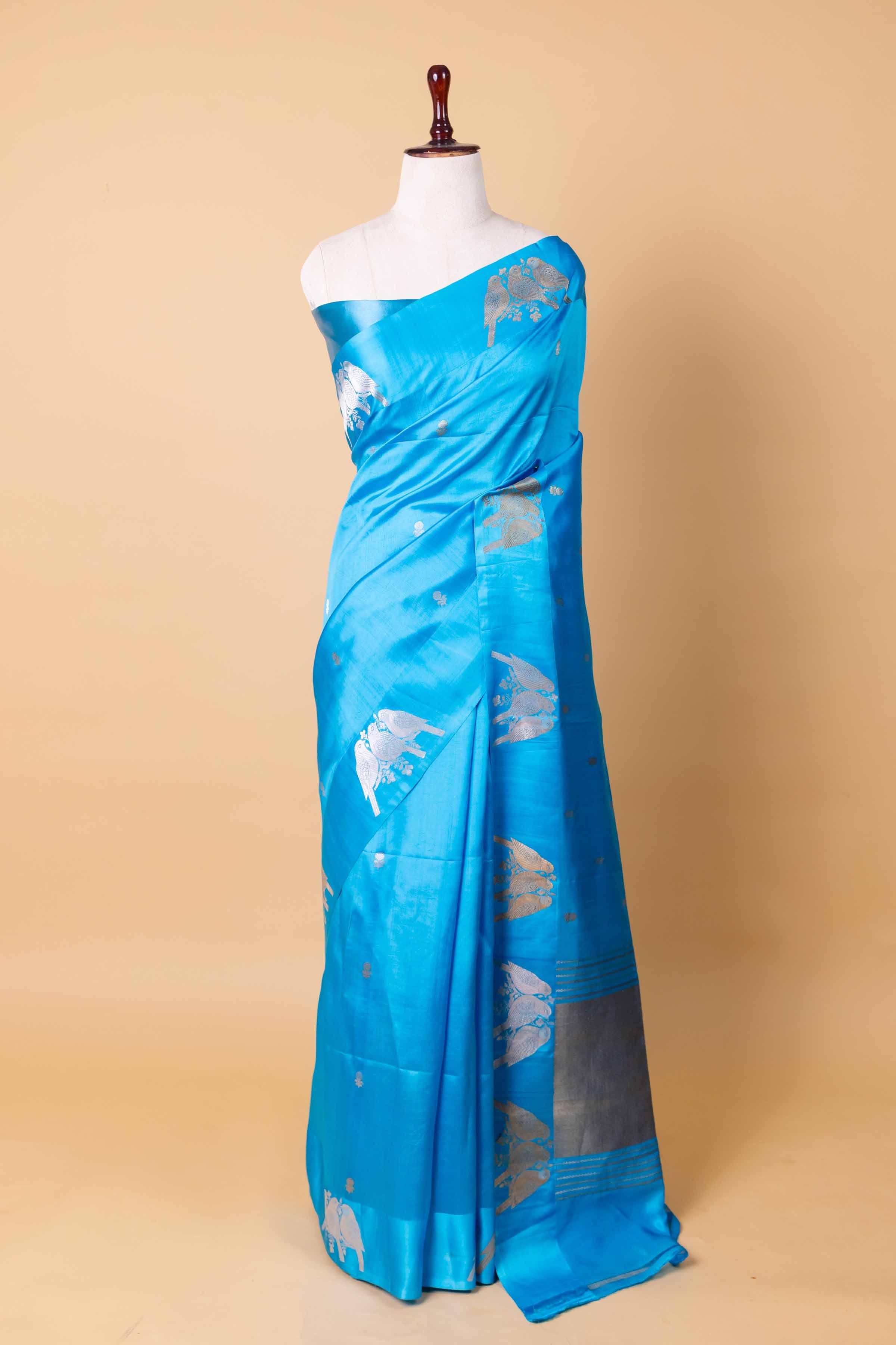 Electric Blue Bird Weaving Puna Silk Saree