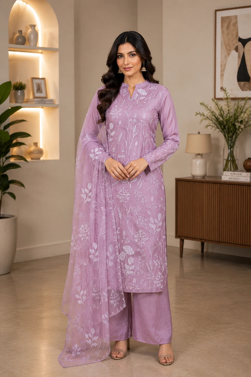 Lavender Embroidered Organza Suit