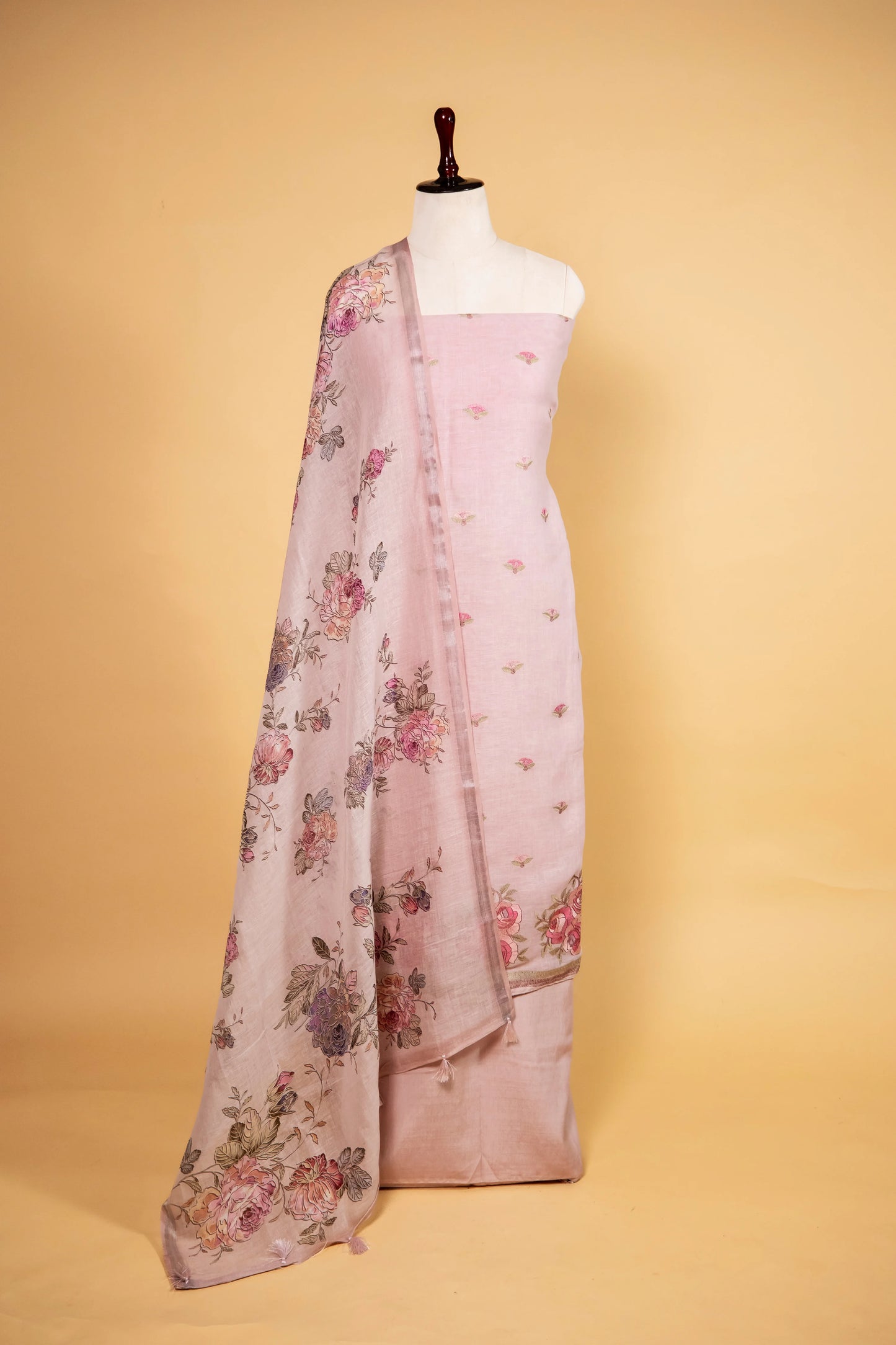Light Pink Pure Linen Embroidered Suit