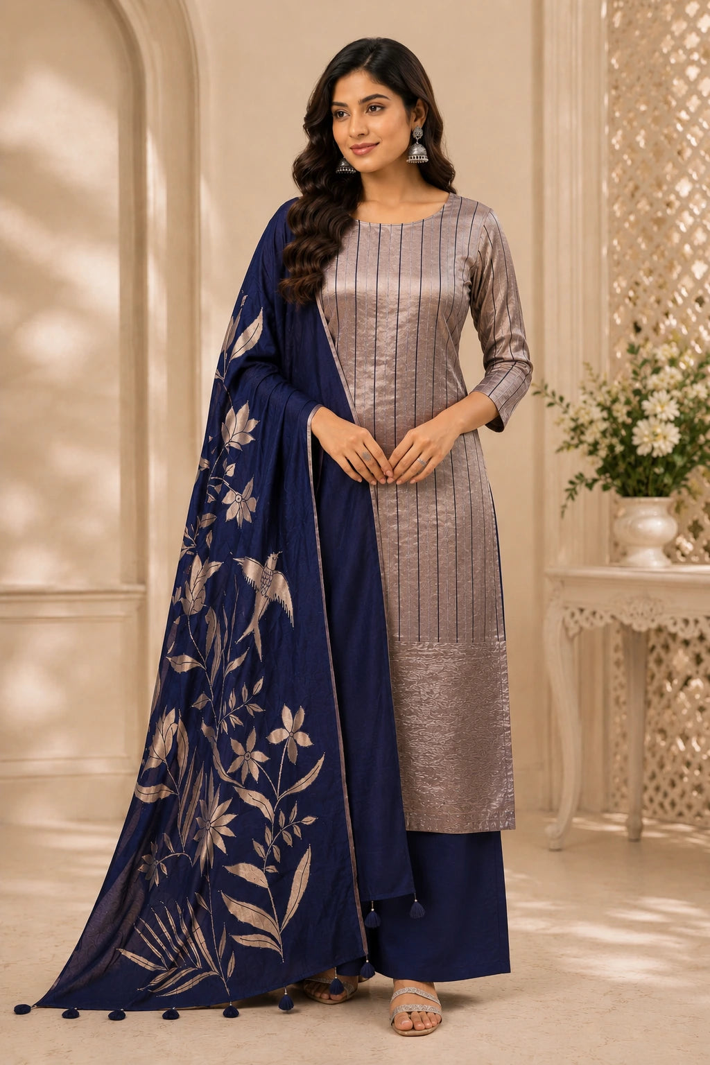 Royal Blue Applique Puna Silk Suit