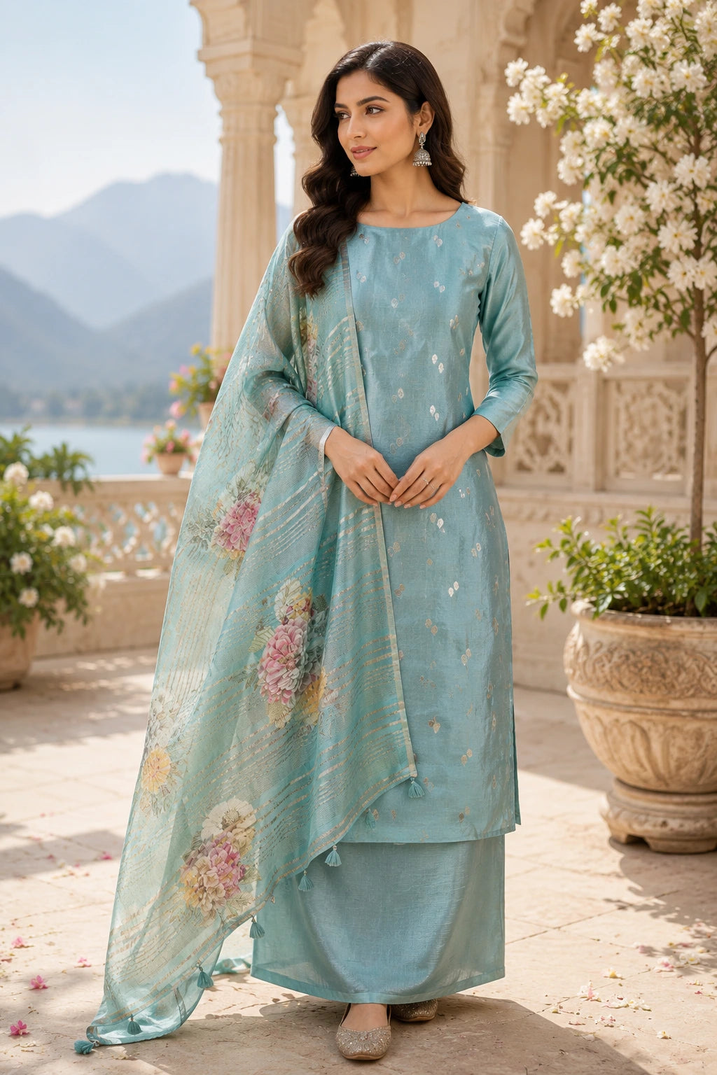 Sea Green Sona Rupa Weaving Puna Silk Suit