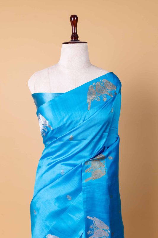 Electric Blue Bird Weaving Raw Mango Silk Saree