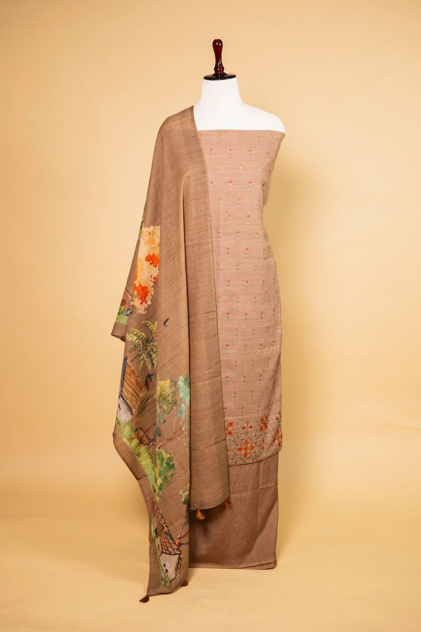 Brown Matka Linen Embroidered Suit