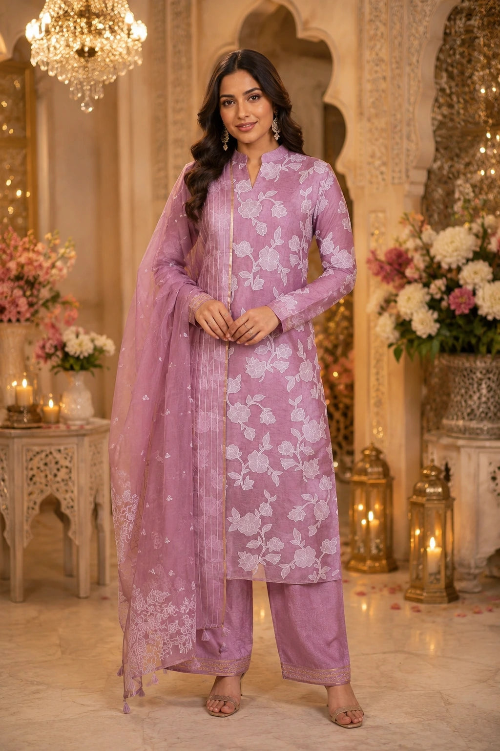 Lavender Applique Organza Suit
